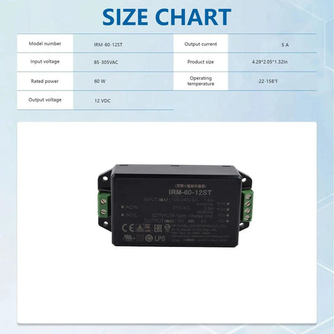 Heavy Duty 60W 12V 5A Industrial AC-DC Power Supply With Global Input 85-305VAC, 47-440Hz, Ultra Low Ripple, 2.5 Percent Regulation, A Real Workhorse for Export Machinery and Worldwide Electronics, black metal case