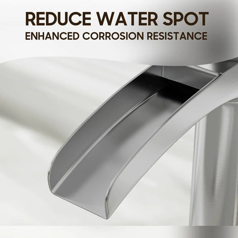 Close-up of Brushed Nickel Tall Vessel Sink Faucet With Single Hole And Single Handle Waterfall Style spout detail