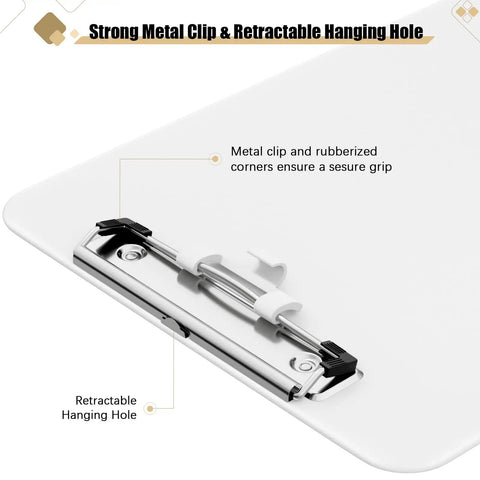 White Plastic Clipboard With Pen Holder And Low Profile Clip 12.5 By 9 Inch Writing Surface A4 And 8.5 By 11 Inch Letter Size Durable Polypropylene Clipboard For Nurses Students Office And On The Go, featuring metal clip and hanging hole.