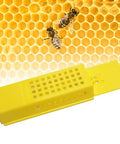 Yellow Plastic Queen Bee Cages 12 Pack Beekeeping Go To Transporting Catcher Kit with honeycomb background