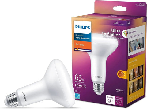 LED BR30 Dimmable Light Bulbs 4 Pack 2200K Ultra Definition Cozy Warm White 650 Lumens 7.5W Equal 65W Frosted Flicker Free Eye Comfort True Color Rendering CRI95 in box and bulb on side
