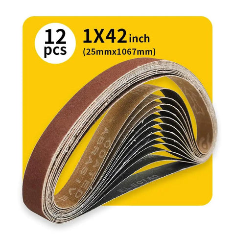Pro Grade 42 Inch Sanding Belt Pack 1 Inch Wide By 42 Inch Long, 12 Belts, shown in a fanned stack on yellow background.