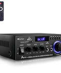 AK45 Pro Amplifier With Bluetooth 5.0, Beefy 400W Peak Power, 2 X 50W RMS Stereo Output, USB SD RCA Inputs, And Dual Mic Jacks, front view with remote control