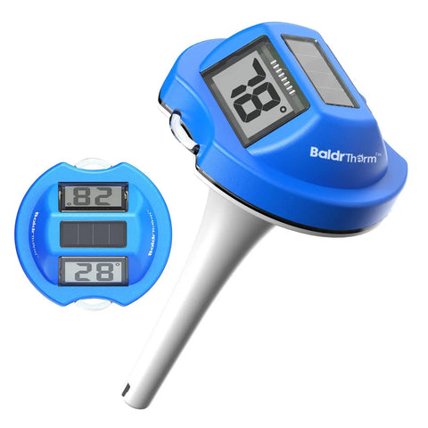 Floating Solar Pool Thermometer With Digital Readout, IPX7 Waterproof, showing Celsius and Fahrenheit display, blue design.
