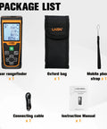 Package contents for Heavy Duty Laser Distance Meter Featuring Slick Green Beams And Up To 262 Foot Range, includes laser rangefinder and accessories.