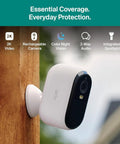 Wireless Outdoor Security Cameras 2K Battery Powered 3rd Gen Two Pack With Color Night Vision And Two Way Audio Easy Setup Home Surveillance Detects People Packages Vehicles Animals White mounted on wood wall