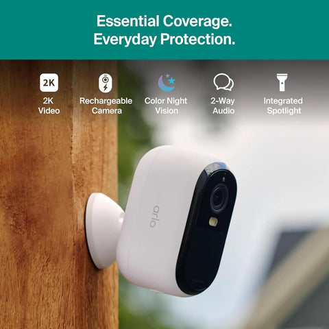 Wireless Outdoor Security Cameras 2K Battery Powered 3rd Gen Two Pack With Color Night Vision And Two Way Audio Easy Setup Home Surveillance Detects People Packages Vehicles Animals White mounted on wood wall