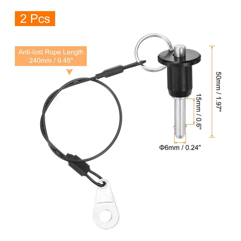 Two Pack Beefy Quick Release Pin One Quarter Inch By Six Tenths Inch Ball Lock With Push Button 304 Stainless Steel Ring Handle Locking Pin With Wire For Marine Bimini Top Audio Gear Silver, shown with measurements and anti-lost rope.