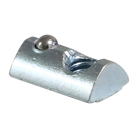 Close-up of a bright zinc coated steel roll in t nut with ball spring design for easy installation in CNC projects.