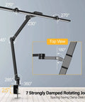 LED Desk Lamp With Clamp For Home Office Atmosphere Lighting, 7 Joint Adjustable Swing Arm in top and side view, showing rotation angles