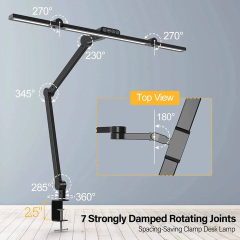 LED Desk Lamp With Clamp For Home Office Atmosphere Lighting, 7 Joint Adjustable Swing Arm in top and side view, showing rotation angles