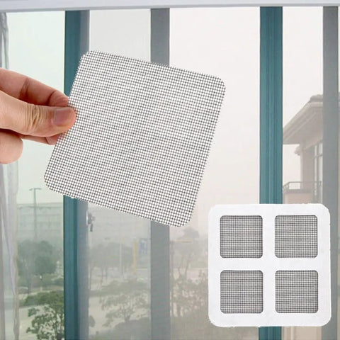 10 Piece Screen Repair Patch Kit For Windows, Doors And Tents Easy Adhesive Patches To Fix Tears, Holes, And Rips Without Expensive Replacements Ideal Emergency Camping Gear And DIY Home Screen Repair showing adhesive patches for screen repair being held up in front of a window.
