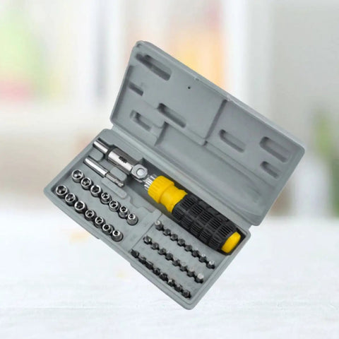 Compact 41 Piece Mini Socket Wrench Set With Quick Change Sockets And Reversible Ratchet For Confined Spaces in gray case with yellow grip.