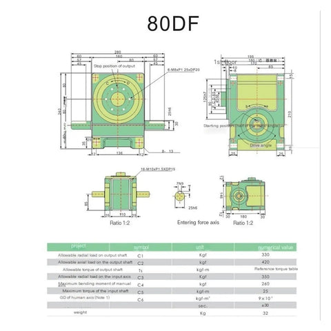 Diagram of Cam Indexer Intermittent Indexing Table Fits 45DF 60DF 70DF 80DF Models with dimensions and specifications.