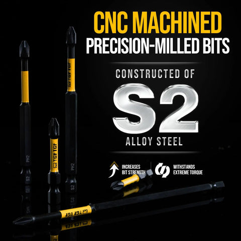 CNC machined 20-Piece Phillips Bit Set Size Two For Impact Drivers, 2 Inch S2 Alloy Steel With Magnetic CNC Machined PH2 Tips.