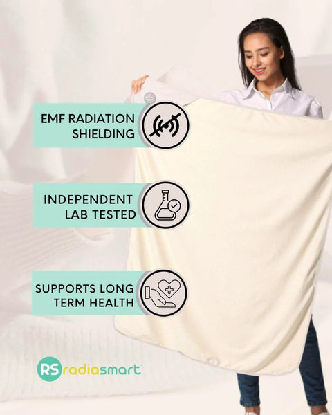 Person holding 5G Blocking EMF Protection Baby Blanket For Pregnancy Belly Shield Organic Cotton Outer Layer Large 43 by 35 Inches