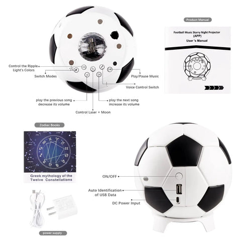 Soccer Ball Shaped Constellation Projector Night Light With Bluetooth Speaker And USB Charger, controls and accessories visible