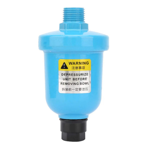 Automatic Air Compressor Drain Valve G1/2 Inlet 1.0 MPa Die Cast Aluminum Auto Drainer with warning label visible