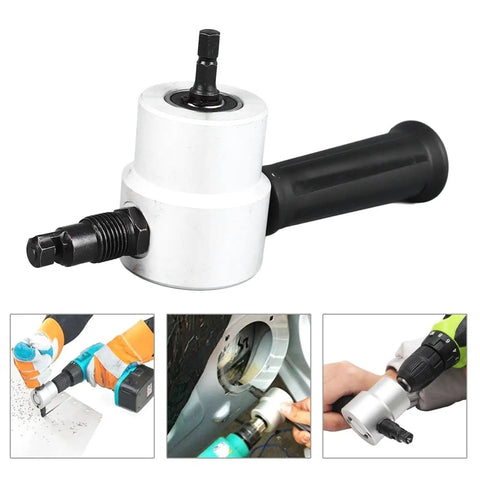 Super Fast Double Head Sheet Metal Nibbler Drill Attachment, aluminum drill adapter with handle for precision metal cutting.