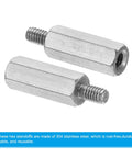 Premium Heavy Duty M2.5x12mm Plus 4mm Male Female Hex Standoff Kit With 20 Pack Stainless Steel PC Spacers, close-up of two standoffs.