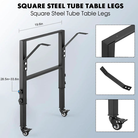 Black 19.6-in-depth square steel workbench frame with height-adjustable legs and four caster wheels with brakes