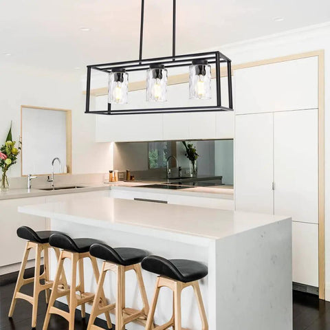 Classic Pendant Lighting For Kitchen Island With Hammered Glass Shades 3 Light Linear Modern Farmhouse Chandelier In Matte Black Finish
