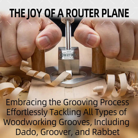 Router Plane Handheld Woodworking Tool With Stainless Steel Body And Gray Finish, hands using tool on wood surface