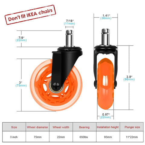 Ultra Silent Office Chair Casters Built Like A Tank Glide Smooth As Butter 3 Inch PU Wheels with dimensions and specifications.