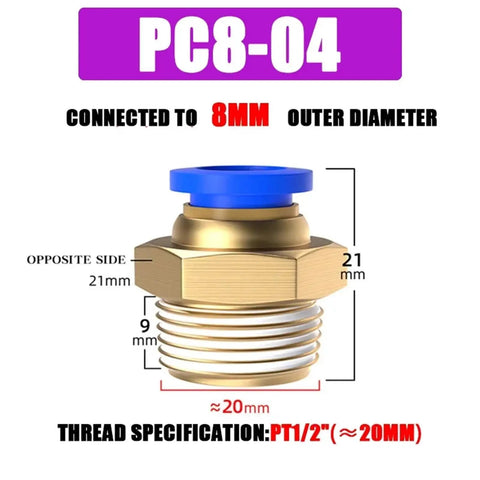 50Pcs Pneumatic Fitting Air Connector Set With 4mm, 6mm, 8mm, 10mm, And 12mm Hose Fittings And 1/8 Inch To 1/2 Inch Thread Quick Connectors For Air Tools, Garage DIY, And Plumbing Projects, PC8-04 8mm brass fitting