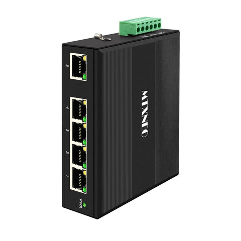 Rugged Five Port Gigabit Ethernet Switch for industrial DIN rail mount with five auto negotiating RJ45 ports, side view