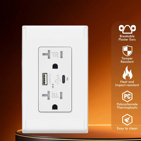 No-Nonsense Heavy-Lifting 65W GaN PD Fast Charging USB Wall Outlet With Dual Type C And Type A Ports Tamper Resistant feature close-up.