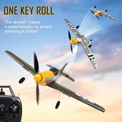 Mustang Fighter RC Plane For Adults, Beginners, And Kids in mid-aerobatic roll showing control features and sky background