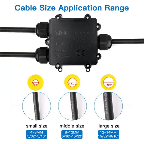 3 Way IP68 Waterproof Junction Box For Outdoor Use Tough As Nails External Electrical Box Black Underground Cable Connector Fits 5mm-14mm Wire Gland 1 Pack shown with cable size application range diagram
