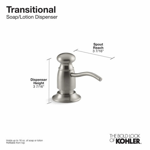 Transitional brass kitchen soap dispenser, above-counter 16-ounce, fits pre-drilled sinks, solid brass, classic traditional style.