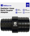 Black aluminum Universal LS Swap Radiator Hose Barb Coupler Adapter with focus on precision design and branding details.