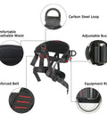 Adjustable Thickness Half Body Climbing Harness with reinforced belt, carbon steel loop, and four gear hooks for safety and comfort.