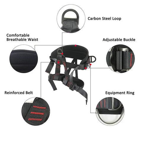 Adjustable Thickness Half Body Climbing Harness with reinforced belt, carbon steel loop, and four gear hooks for safety and comfort.