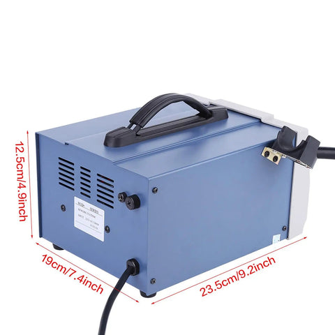 Back view of 1000W digital soldering rework station with hot air gun for PCB repair 110V US plug showing dimensions and handle