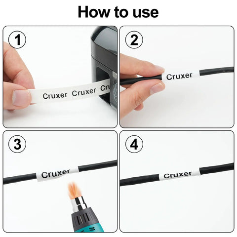 10 Pack Heavy Duty Heat Shrink Tubing Compatible HSE211 5.8mm labeling wires with black print on white tape instructions.