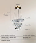 Modern Gold Finish Three Ring LED Crystal Chandelier Pendant Light with Adjustable Height, Stainless Steel, 50W, 85-265 Volt