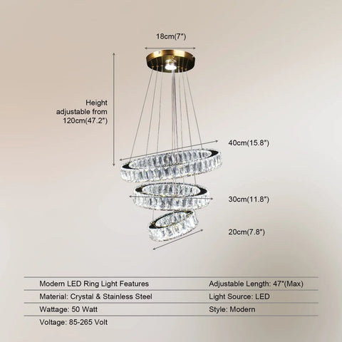 Modern Gold Finish Three Ring LED Crystal Chandelier Pendant Light with Adjustable Height, Stainless Steel, 50W, 85-265 Volt
