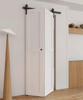 Two Pack Round Cabinet Knobs And Drawer Pulls Matte Black For Bifold Barn Doors, Durable Aluminum Alloy Hardware With Smooth Grip, Easy Install, Must Have For Everyday Home Renovation. Matte black round knob on white bifold barn door