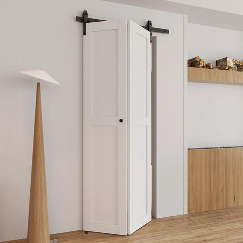 Two Pack Round Cabinet Knobs And Drawer Pulls Matte Black For Bifold Barn Doors, Durable Aluminum Alloy Hardware With Smooth Grip, Easy Install, Must Have For Everyday Home Renovation. Matte black round knob on white bifold barn door