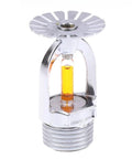 Premium Chrome Plated Fire Sprinkler Head Guard Cage with Heavy Duty Metal Mesh Shields Pendent Sprinklers from Accidental Damage, detailed view with yellow temperature indicator.