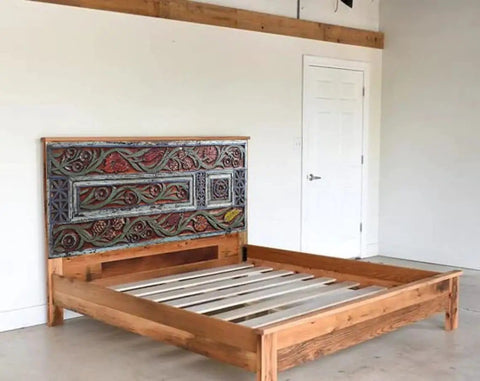 Floral Carved Barn Wood Door 71x34 Inch Rustic Farmhouse Entry Pantry Door Double Or Single Sliding Door No Glass No Hardware Ideal For Headboard Wall Art Decor used as a headboard