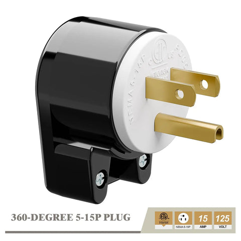 Right Angle 5-15P AC Plug 15A 125V Three Pack 90 Degree Connector showing side view with brass pins and nylon housing