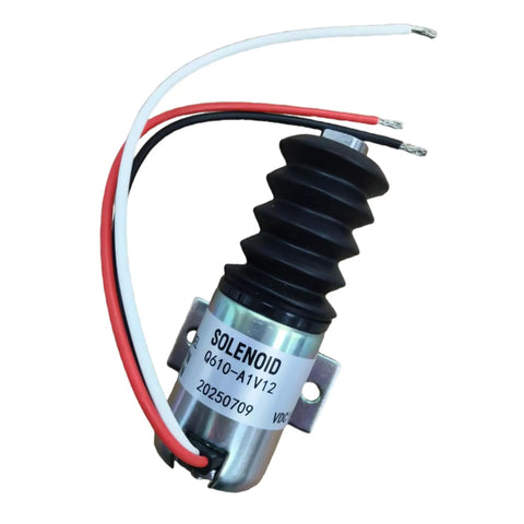 12 Volt Push Solenoid For Trombetta Systems Replacement 12V Shutoff Solenoid with wires and mounting brackets visible