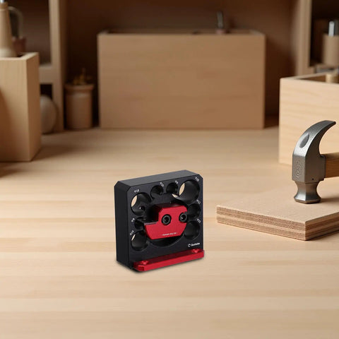 Heavy Duty Adjustable Dowel Cutter Jig For Drill With Precise Carbide Blades And 8 Hole Aluminum Design on a workbench.