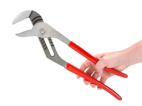 Hand holding 16 Inch Groove Joint Pliers With 4 1/4 Inch Jaw For Heavy Duty Grip And Precision Adjustment, red handles visible.