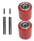 Heavy Duty Red Polyurethane Pallet Jack Wheel Set, 3 Inch Wheel Diameter With 3.7 Inch Hub, 95A Durometer, Sealed Bearings 0.78 Inch ID, 1.85 Inch OD, A Pair For Pallet Trucks And Dollies.